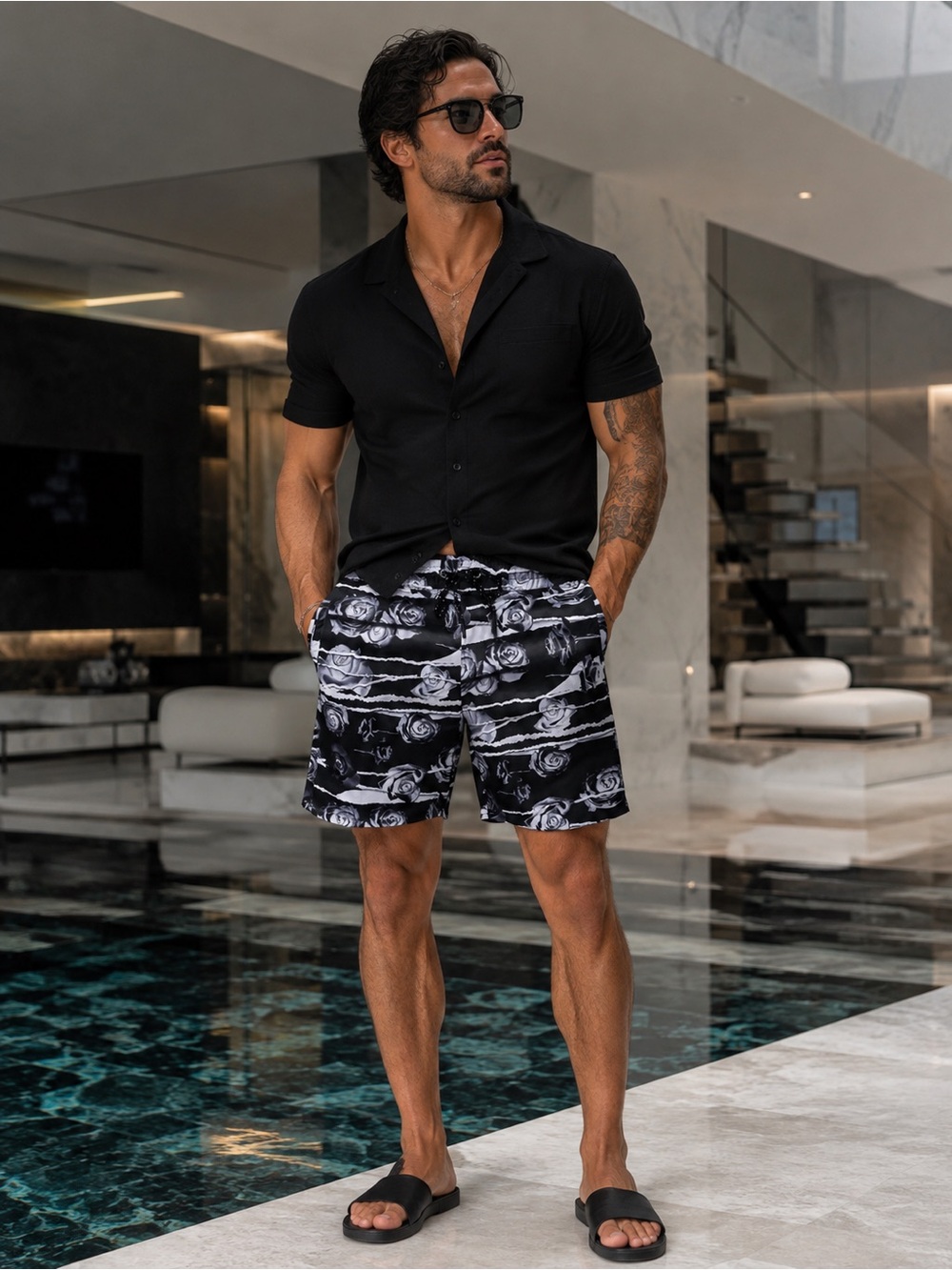 NWT Fresh Prints of Bel-Air Men’s M Black Rose Y2K Swim Shorts